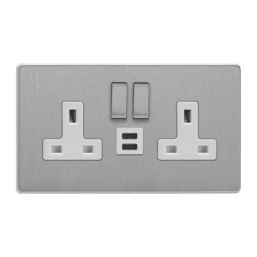 Varilight  13A 2-Gang SP Switched Socket + 3A 45W 2-Outlet Type C USB Charger Brushed Steel with White Inserts