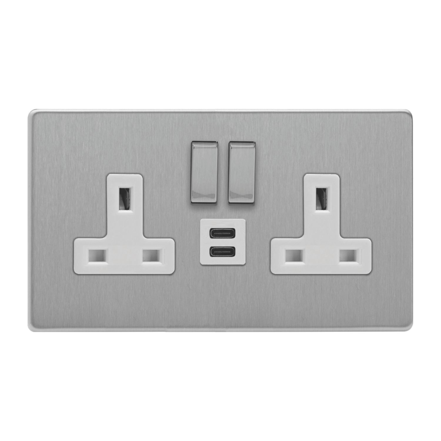 Varilight 13A 2-Gang SP Switched Socket + 3A 45W 2-Outlet Type C USB Charger Brushed Steel with White Inserts (910EC)