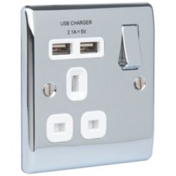 British General Nexus Metal 13A 1-Gang SP Switched Socket + 2.1A 10.5W 2-Outlet Type A USB Charger Polished Chrome with White Inserts