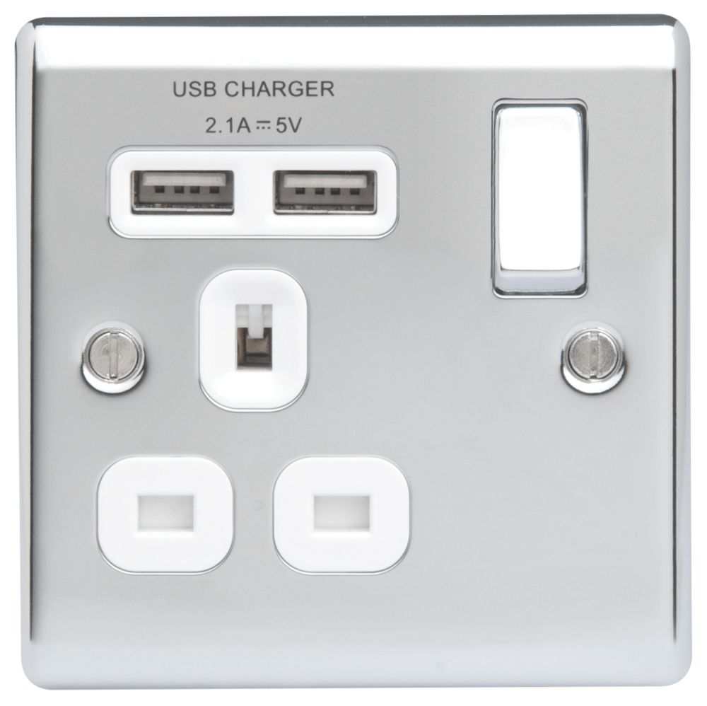 British General Nexus Metal 13A 1-Gang SP Switched Socket + 2.1A 10.5W 2-Outlet Type A USB Charger Polished Chrome with White Inserts