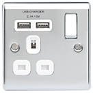 British General Nexus Metal 13A 1-Gang SP Switched Socket + 2.1A 2-Outlet Type A USB Charger Polished Chrome with White Inserts