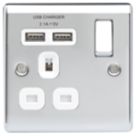 British General Nexus Metal 13A 1-Gang SP Switched Socket + 2.1A 10.5W 2-Outlet Type A USB Charger Polished Chrome with White Inserts