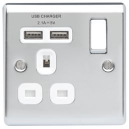 British General Nexus Metal 13A 1-Gang SP Switched Socket + 2.1A 10.5W 2-Outlet Type A USB Charger Polished Chrome with White Inserts