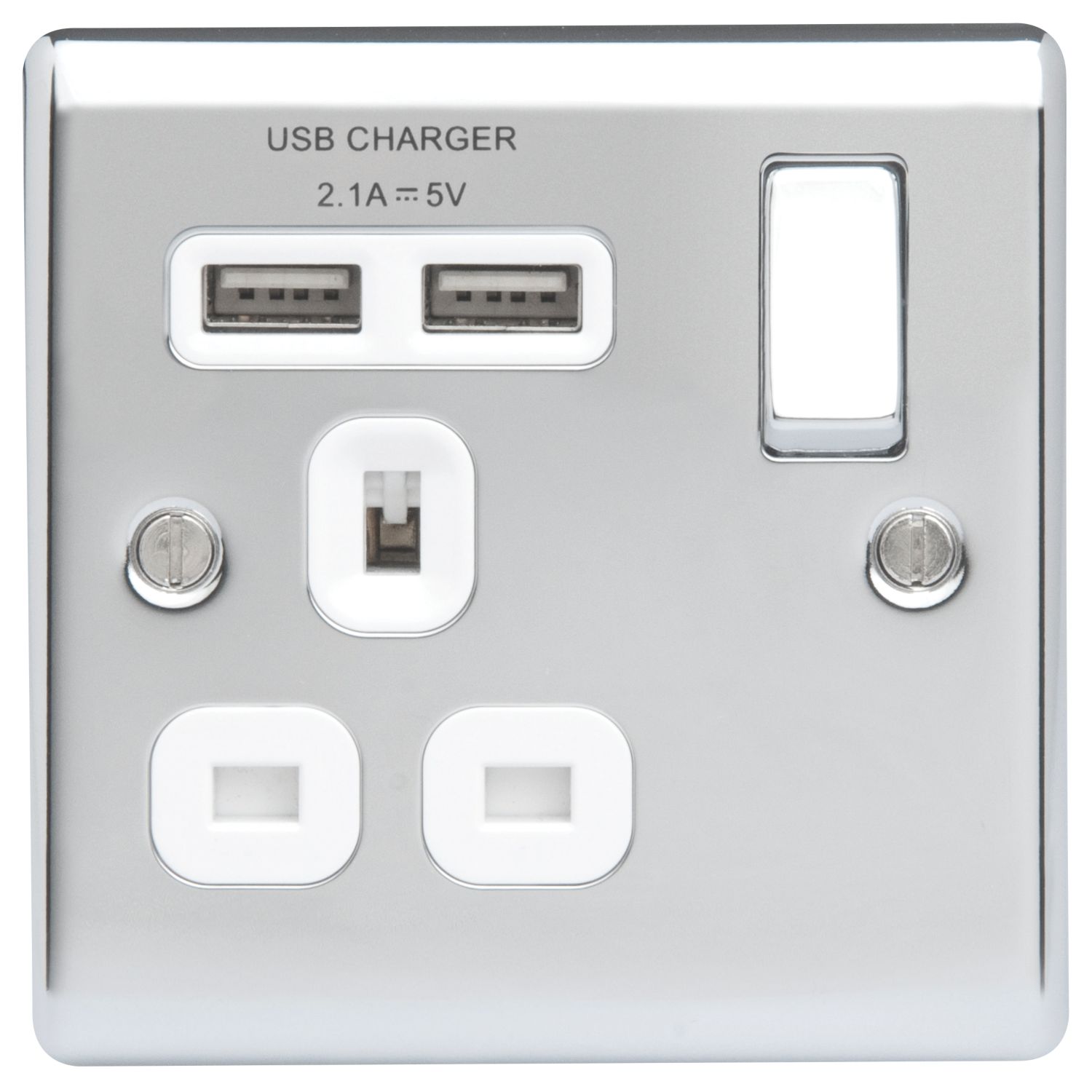 British General Nexus Metal 13A 1-Gang SP Switched Socket + 2.1A 10.5W 2-Outlet Type A USB Charger Polished Chrome with White Inserts (913FT)
