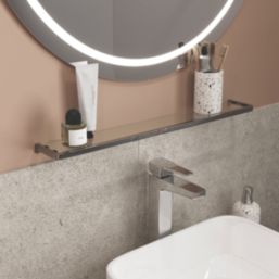 Elland Brushed Chrome Steel & Glass Bathroom Shelf 600mm x 120mm x 20mm