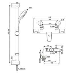 Ideal Standard Ceratherm Chrome 600mm Wall Mounted Dual Control Manual Shower Mixer Tap