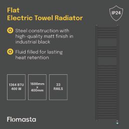 Flomasta 1600mm x 400mm 1364BTU Black Flat Electric Towel Radiator