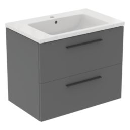 Ideal Standard i.life B Wall Hung Vanity Unit with Black Handles & Basin Matt Quartz Grey 800mm x 505mm x 630mm