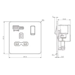 Knightsbridge  13A 1-Gang SP Switched Socket + 4.0A 20W 2-Outlet Type A & C USB Charger Brushed Chrome with Grey Inserts