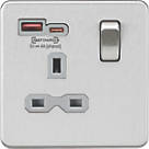 Knightsbridge  13A 1-Gang SP Switched Socket + 4.0A 20W 2-Outlet Type A & C USB Charger Brushed Chrome with Grey Inserts