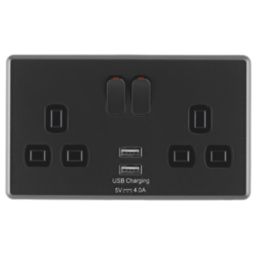 Arlec  13A 2-Gang SP Switched Socket + 4A 15W 2-Outlet Type A USB Charger Charcoal with Black Inserts