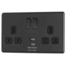 Arlec  13A 2-Gang SP Switched Socket + 4A 15W 2-Outlet Type A USB Charger Charcoal with Black Inserts