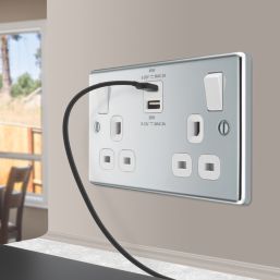 LAP  13A 2-Gang SP Switched Socket + 3A 45W 2-Outlet Type A & C USB Charger Polished Chrome with White Inserts