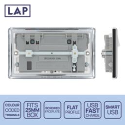 LAP  13A 2-Gang SP Switched Socket + 3A 45W 2-Outlet Type A & C USB Charger Polished Chrome with White Inserts