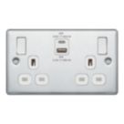 LAP  13A 2-Gang SP Switched Socket + 3A 45W 2-Outlet Type A & C USB Charger Polished Chrome with White Inserts