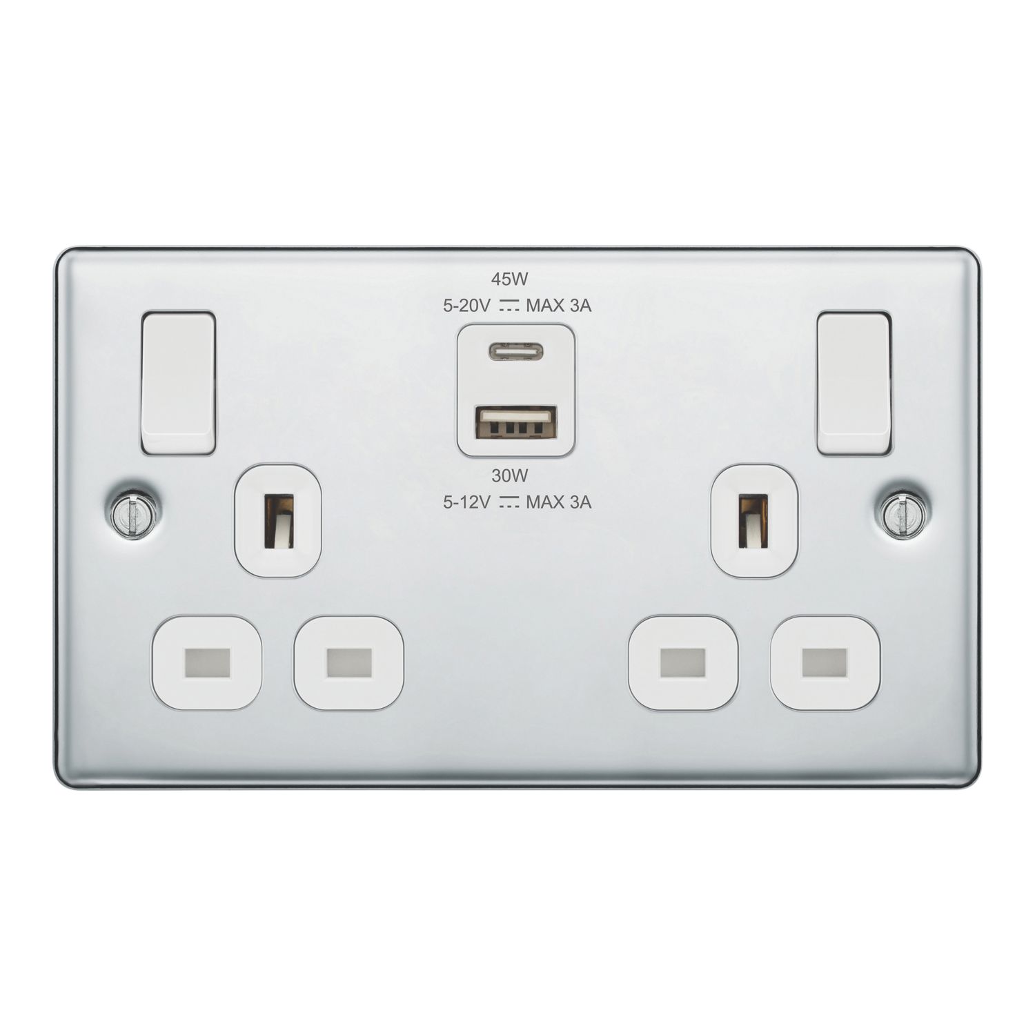 LAP 13A 2-Gang SP Switched Socket + 3A 45W 2-Outlet Type A & C USB Charger Polished Chrome with White Inserts (916PN)