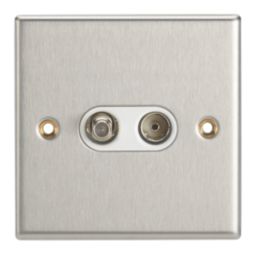 Contactum iConic 2-Gang Coaxial TV & F-Type Satellite Socket Brushed Steel with White Inserts