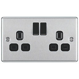 LAP  13A 2-Gang SP Switched Plug Socket Brushed Stainless Steel  with Black Inserts