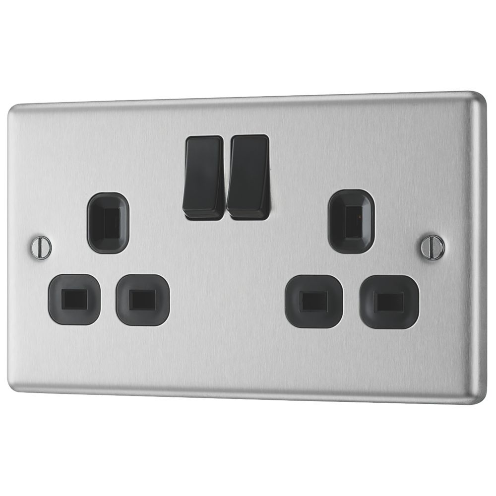 LAP 13A 2-Gang SP Switched Plug Socket Brushed Stainless Steel with ...