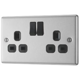 LAP  13A 2-Gang SP Switched Plug Socket Brushed Stainless Steel  with Black Inserts