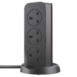Masterplug 13A 8-Gang Switched Surge-Protected Tower Extension Lead + 3.25A 3-Outlet Type A & C USB Charger Matt Black 2m