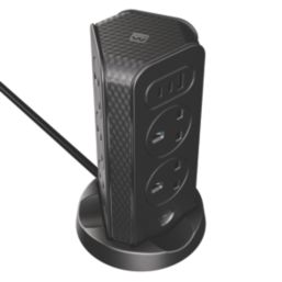 Masterplug 13A 8-Gang Switched Surge-Protected Tower Extension Lead + 3.25A 3-Outlet Type A & C USB Charger Matt Black 2m
