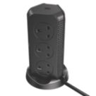 Masterplug 13A 8-Gang Switched Surge-Protected Tower Extension Lead + 3.25A 3-Outlet Type A & C USB Charger Matt Black 2m