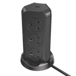 Masterplug 13A 8-Gang Switched Surge-Protected Tower Extension Lead + 3.25A 3-Outlet Type A & C USB Charger Matt Black 2m