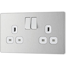 British General Evolve 13A 2-Gang SP Switched Socket Brushed Steel  with White Inserts