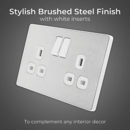 British General Evolve 13A 2-Gang SP Switched Socket Brushed Steel  with White Inserts