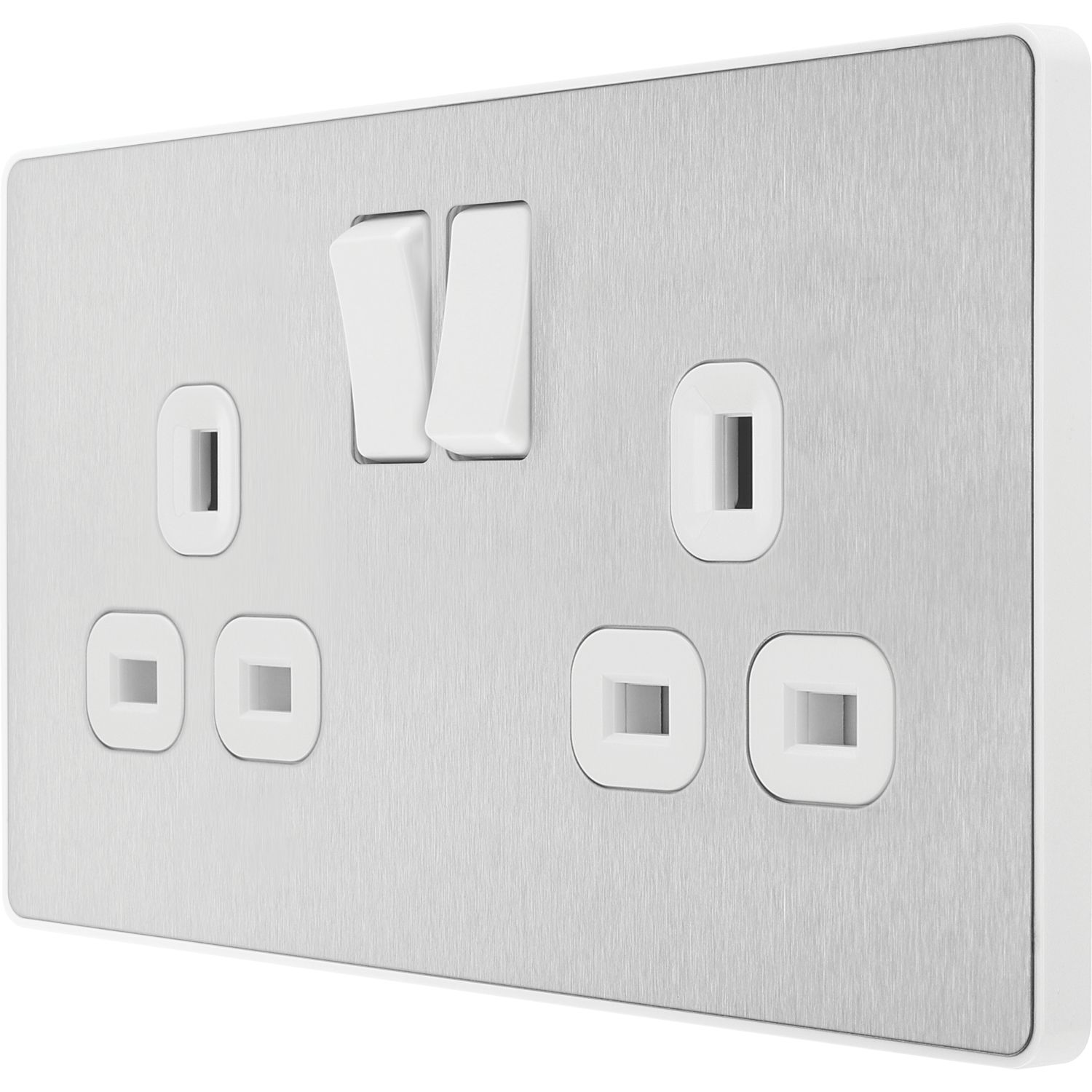 British General Evolve 13A 2-Gang SP Switched Socket Brushed Steel with White Inserts (918RF)