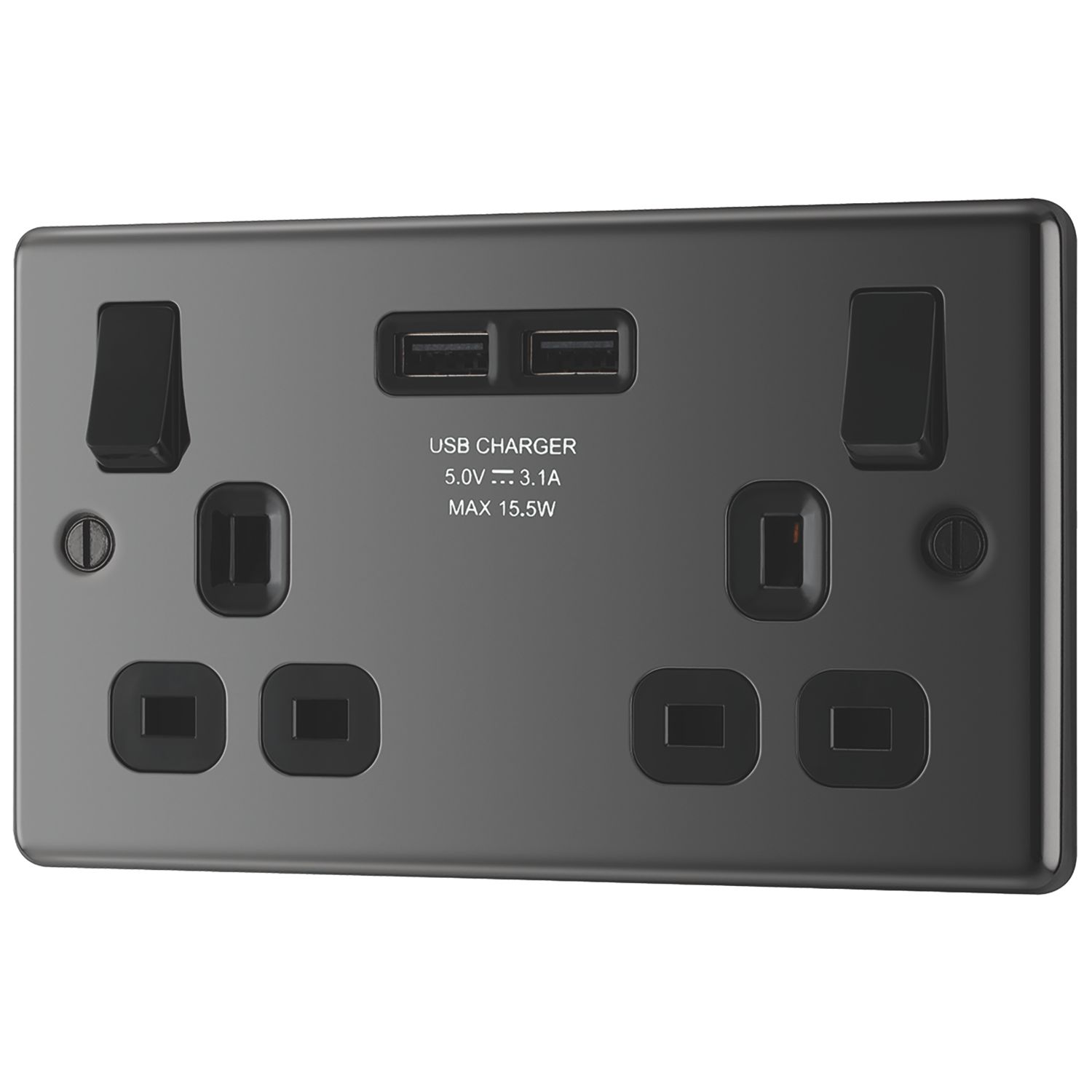 LAP 13A 2-Gang SP Switched Socket + 3.1A 15.5W 2-Outlet Type A USB Charger Black Nickel with Black Inserts (9192P)