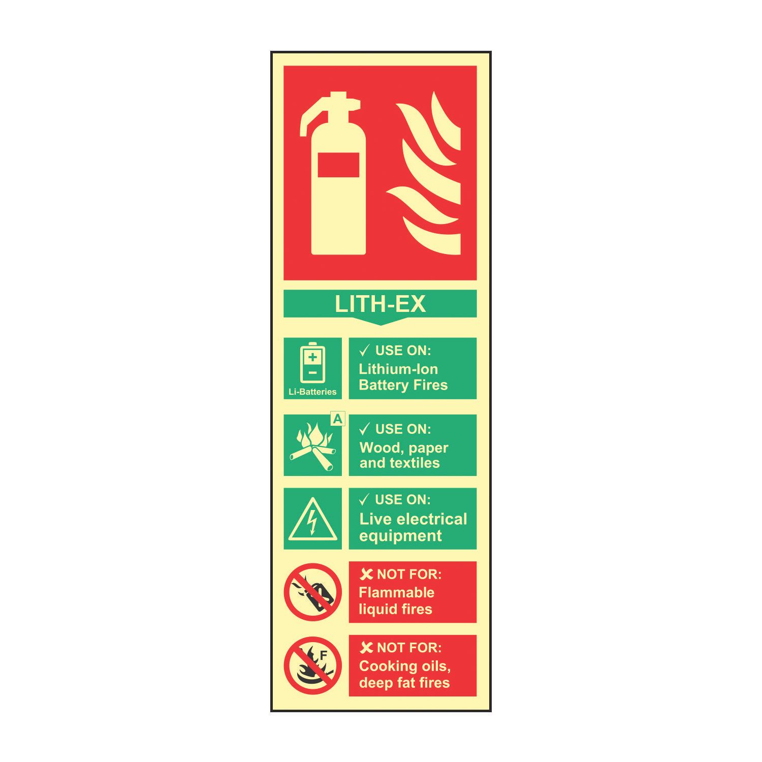 Essentials Photoluminescent "Fire Extinguisher Lithium-lon" Sign 300mm x 100mm (919FG)