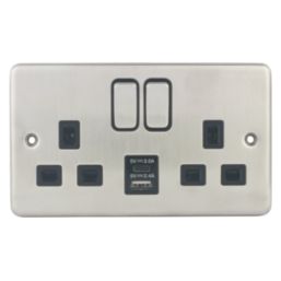 Hager Sollysta WRSS82BSB-USBAC 13A 2-Gang 2P+E Switched Socket + 3.1A 15.5W 2-Outlet Type A & C USB Charger Brushed Steel with Black Inserts