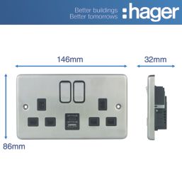 Hager Sollysta WRSS82BSB-USBAC 13A 2-Gang 2P+E Switched Socket + 3.1A 15.5W 2-Outlet Type A & C USB Charger Brushed Steel with Black Inserts