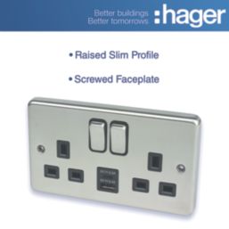 Hager Sollysta WRSS82BSB-USBAC 13A 2-Gang 2P+E Switched Socket + 3.1A 15.5W 2-Outlet Type A & C USB Charger Brushed Steel with Black Inserts