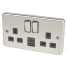 Hager Sollysta WRSS82BSB-USBAC 13A 2-Gang 2P+E Switched Socket + 3.1A 15.5W 2-Outlet Type A & C USB Charger Brushed Steel with Black Inserts