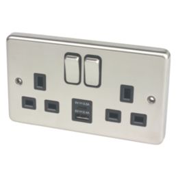 Hager Sollysta WRSS82BSB-USBAC 13A 2-Gang 2P+E Switched Socket + 3.1A 15.5W 2-Outlet Type A & C USB Charger Brushed Steel with Black Inserts