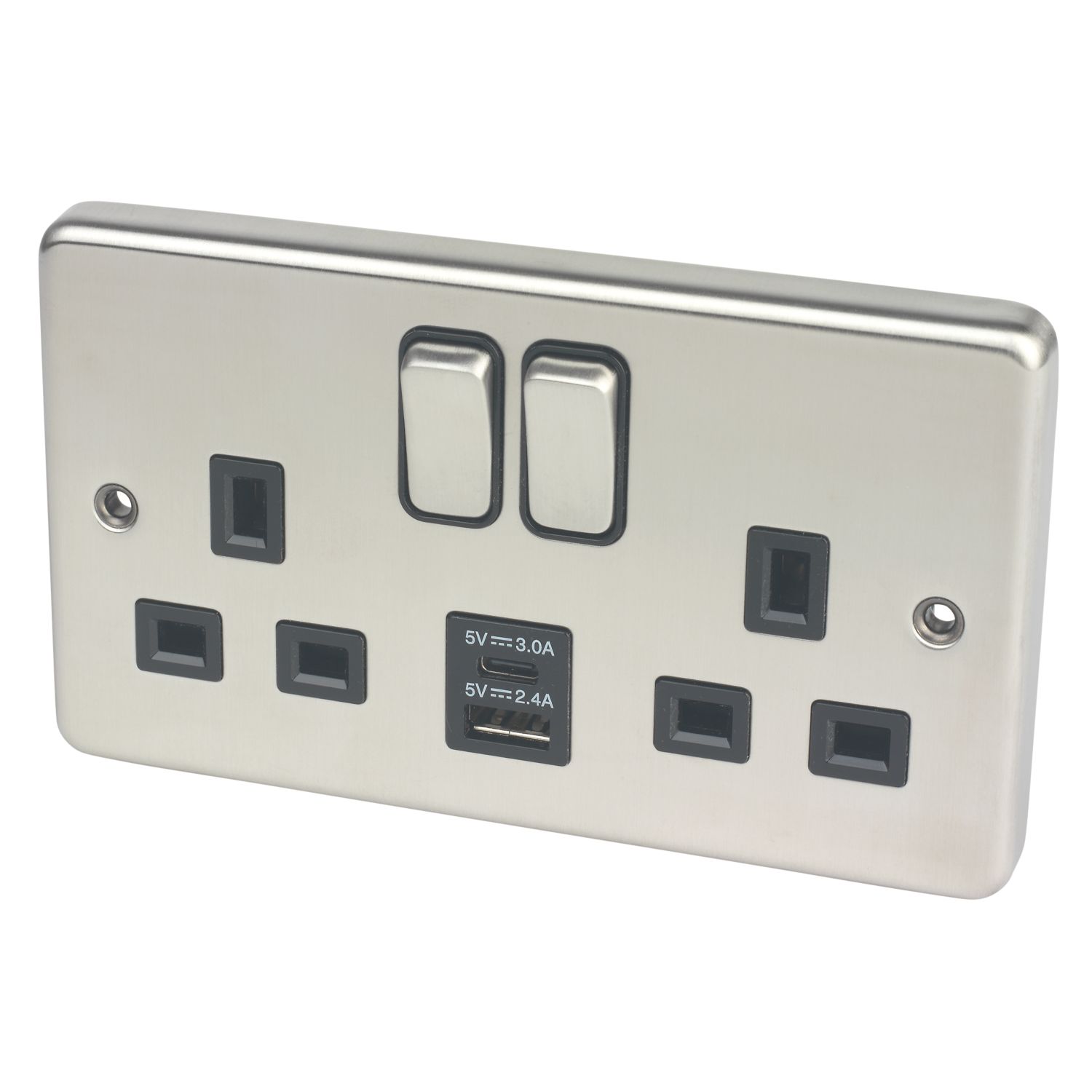 Hager Sollysta WRSS82BSB-USBAC 13A 2-Gang 2P+E Switched Socket + 3.1A 15.5W 2-Outlet Type A & C USB Charger Brushed Steel with Black Inserts (920AM)