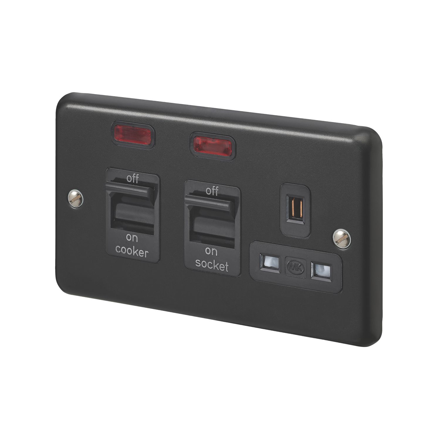 MK Contoura 45A 2-Gang DP Cooker Switch & 13A DP Switched Socket Black with Neon with Colour-Matched Inserts (920RG)