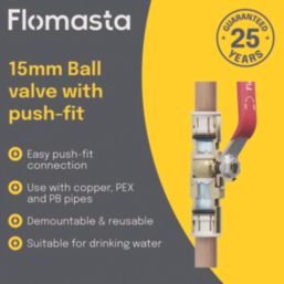 Flomasta  Push-Fit Full Bore 15mm Ball Valve with Red Handle