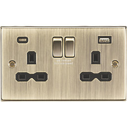 Knightsbridge  13A 2-Gang SP Switched Socket + 4.0A 20W 2-Outlet Type A & C USB Charger Antique Brass with Black Inserts