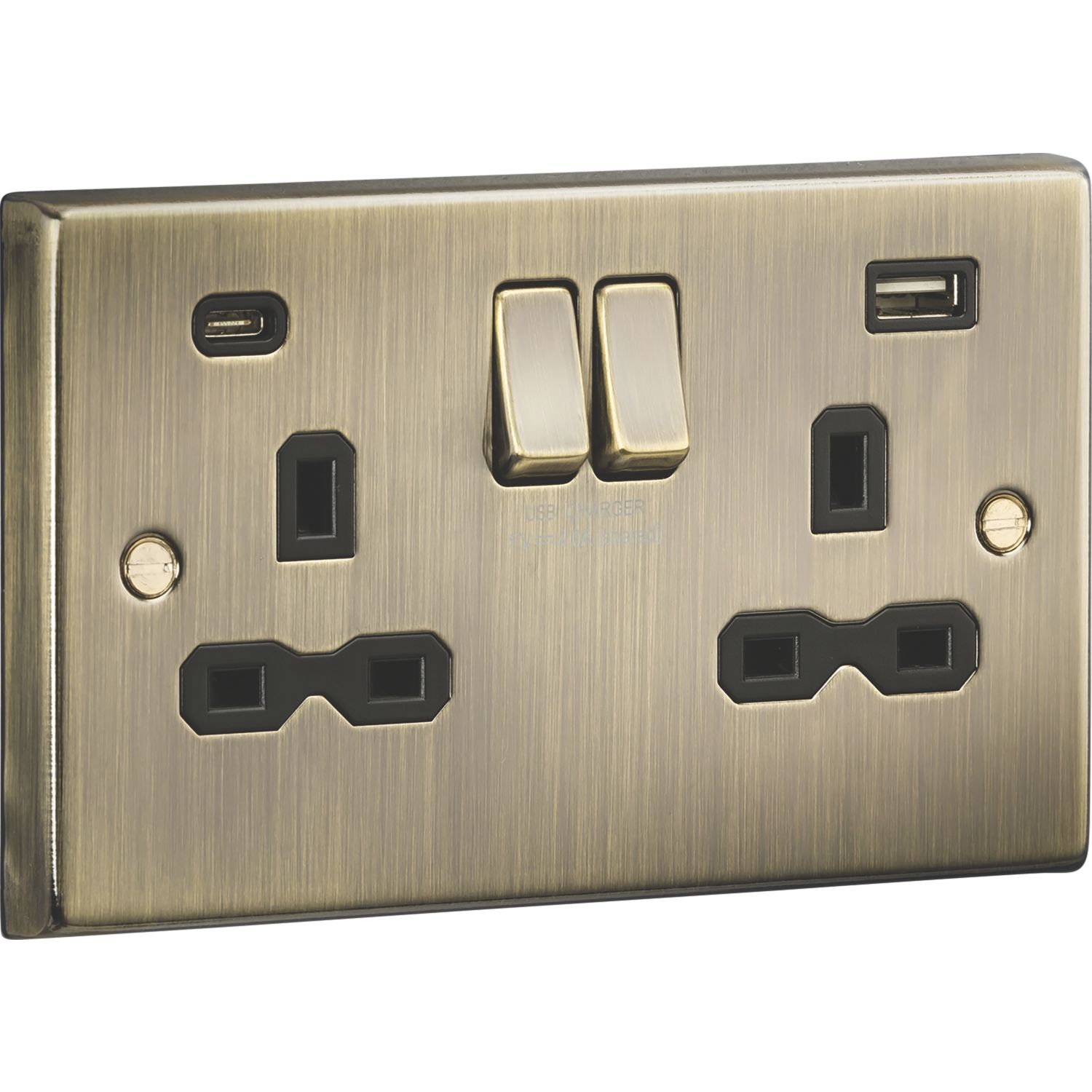 Knightsbridge 13A 2-Gang SP Switched Socket + 4.0A 20W 2-Outlet Type A & C USB Charger Antique Brass with Black Inserts (922PX)
