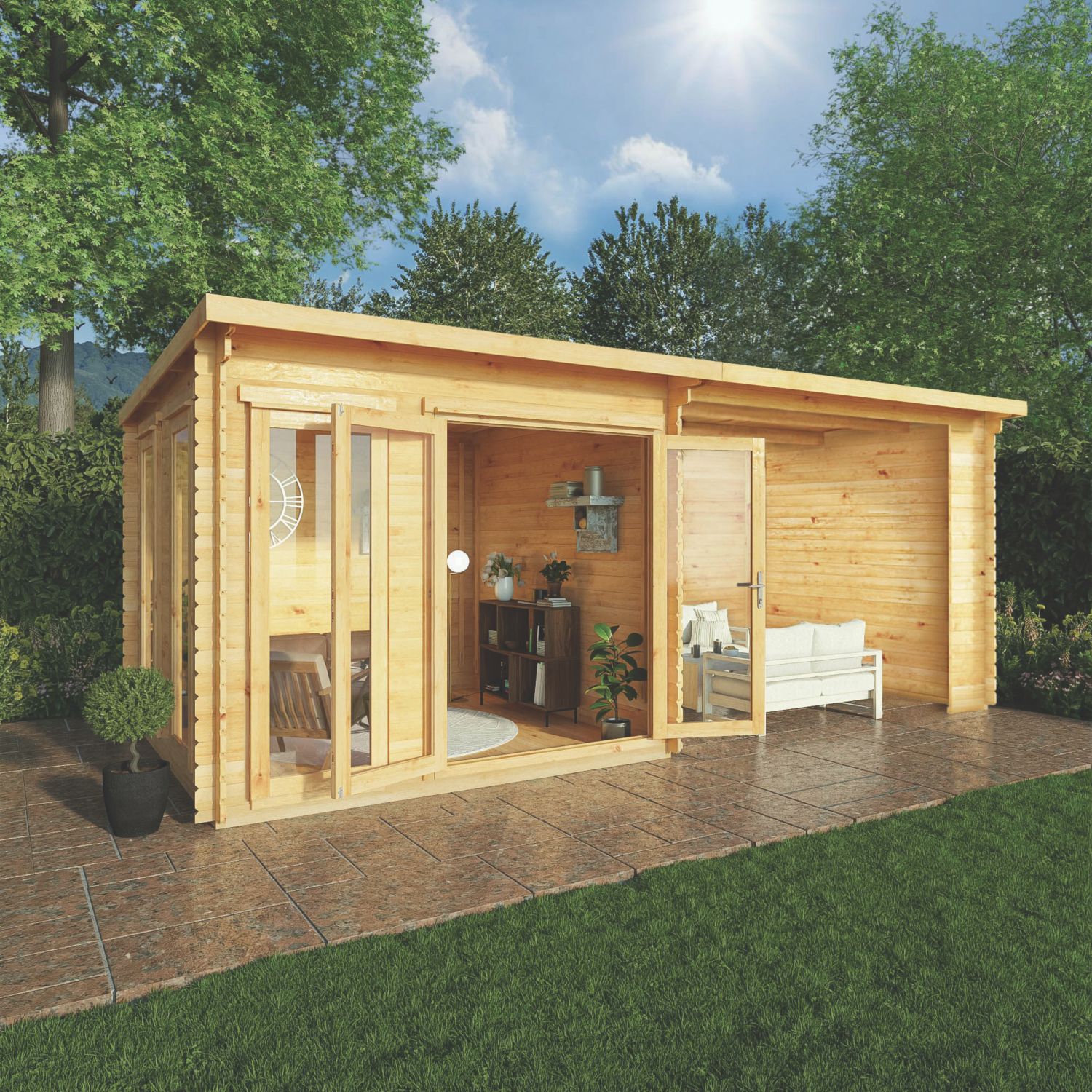 Mercia Studio 44mm 18' 6" x 9' 6" (Nominal) Pent Timber Log Cabin with Patio Area (922YL)