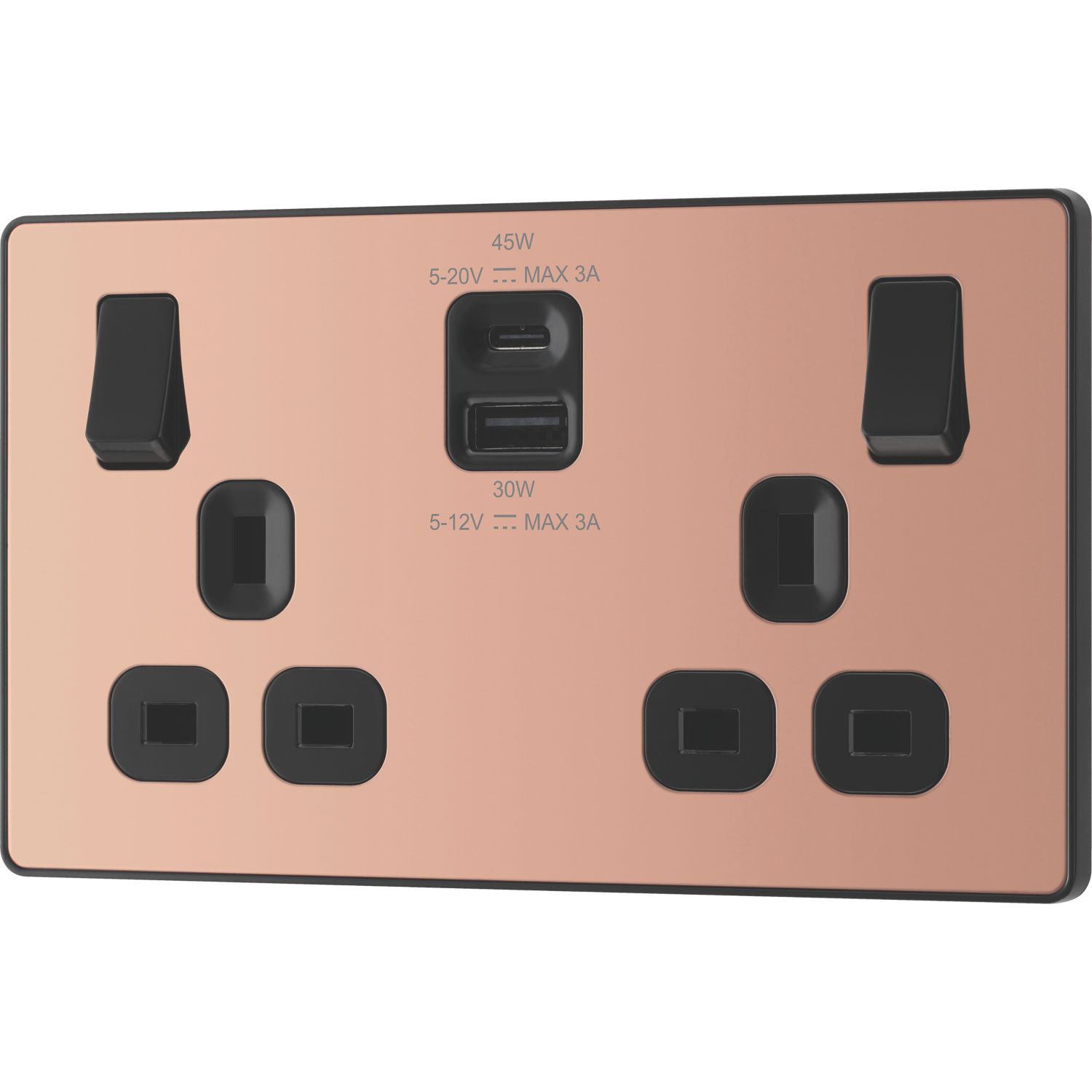 British General Evolve 13A 2-Gang SP Switched Socket + 3A 45W 2-Outlet Type A & C USB Charger Copper with Black Inserts (922YV)