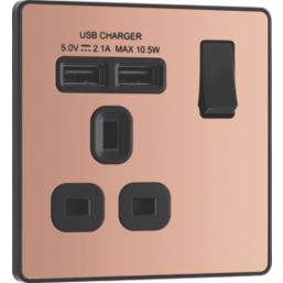 British General Evolve 13A 1-Gang SP Switched Socket + 2.1A 2-Outlet Type A USB Charger Copper with Black Inserts