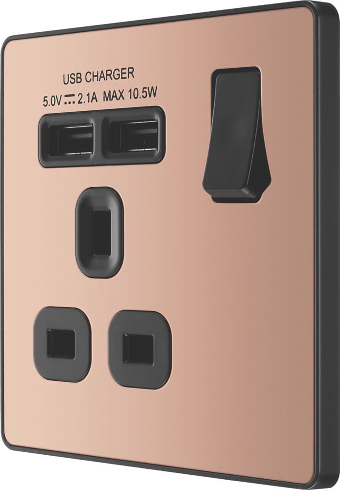 British General Evolve 13A 1-Gang SP Switched Socket + 2.1A 10.5W 2-Outlet Type A USB Charger Copper with Black Inserts