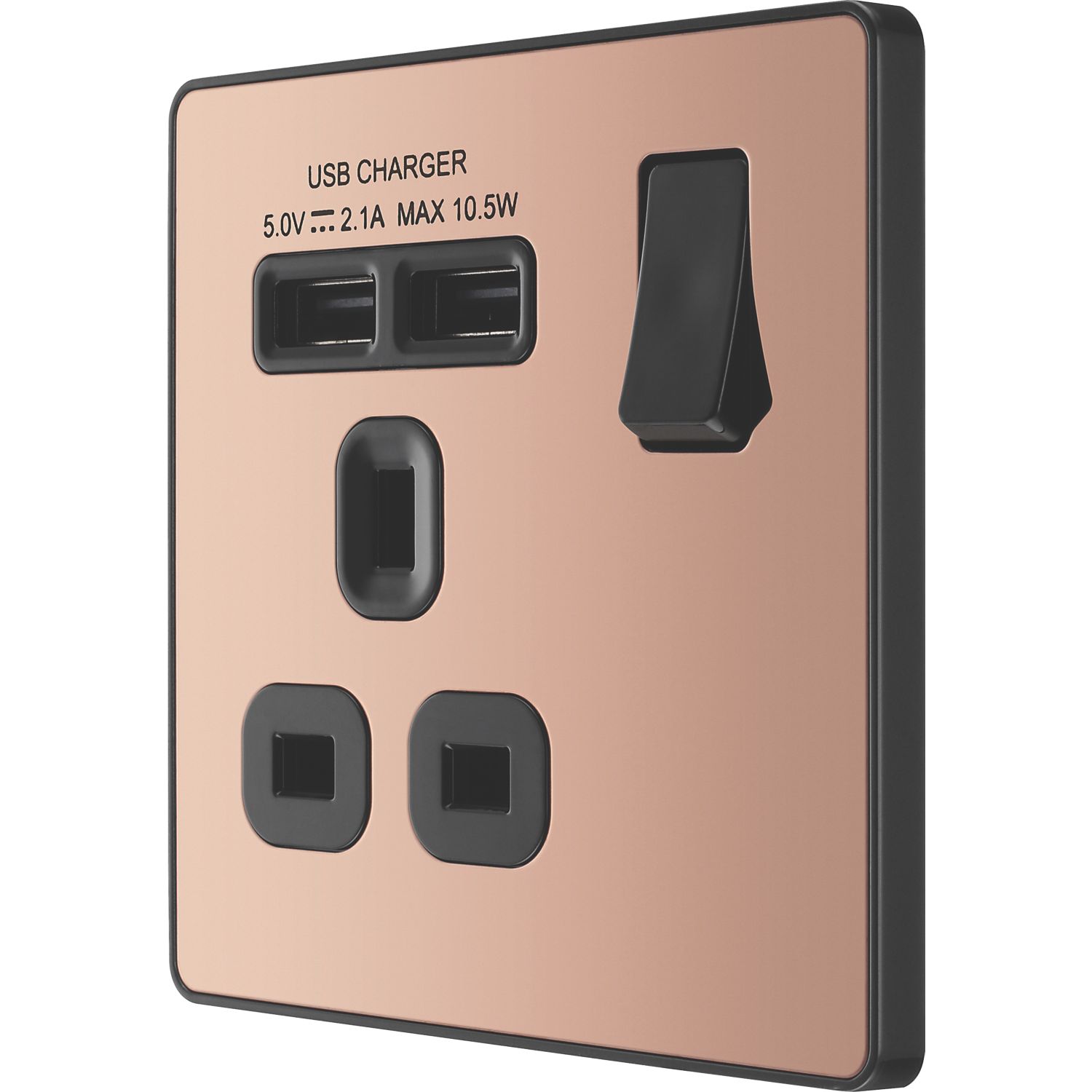 British General Evolve 13A 1-Gang SP Switched Socket + 2.1A 10.5W 2-Outlet Type A USB Charger Copper with Black Inserts (923RF)