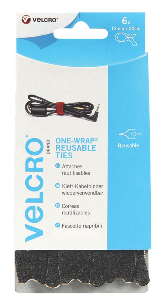 Velcro Brand One-Wrap Black Reusable Ties 200mm x 12mm 6 Pack - Screwfix