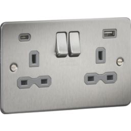 Knightsbridge  13A 2-Gang SP Switched Socket + 4.0A 20W 2-Outlet Type A & C USB Charger Brushed Chrome with Grey Inserts